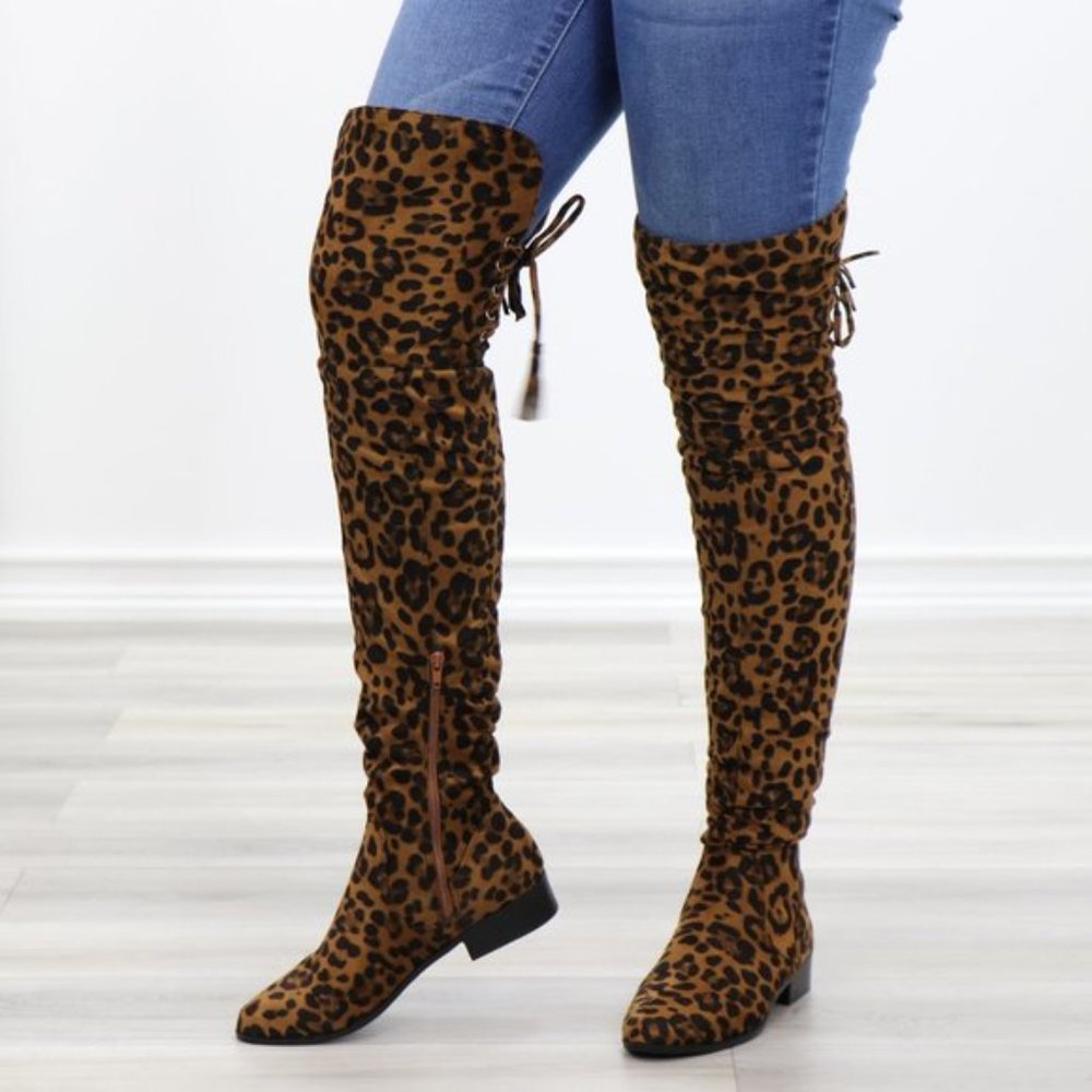 Leopard Suede Thigh High Flat Boot Lace Up Back - Picture 5 of 14